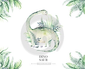 Cute cartoon baby dinosaurs collection watercolor baby shower invite, hand painted dino isolated on a white background photo