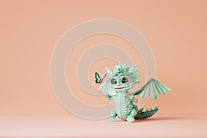 Cute cartoon baby dragon catching butterfly. 3d render