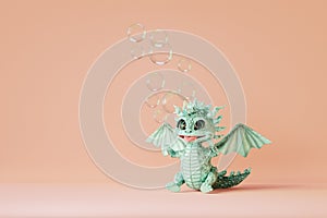 Cute cartoon baby dragon catching soap bubbles. 3d render