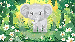 Cute cartoon baby elephant in wild nature. Playful elephant. Concept of digital illustration, creativity, joyful design