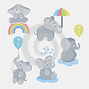 Cute cartoon baby elephants. Animals african safari animals vector set. Elephant african cartoon, happy friendly animal