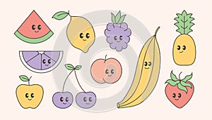 Cute cartoon baby fruits, funny Y2k mascot vector characters with smile. Ripe cherry, banana, pineapple, apple, lemon.