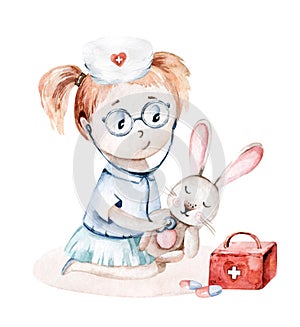 Cute cartoon baby girl nurse and a patient bunny. Little doctor. pediatrics kids girl. pills, ambulance, mask, bacteria