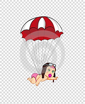 Cute cartoon baby girl in pilot hat flying with parachute