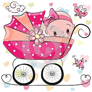 Cute Cartoon Baby girl is sitting on a carriage