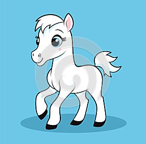 Cute cartoon baby horse, white pony with blue mane, standing on blue background. Child-friendly animal character