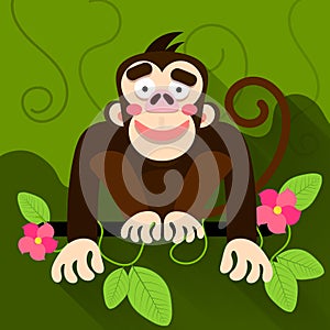 Cute cartoon baby monkey hanging on tree