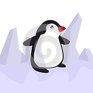 Cute cartoon baby penguin stands on an ice floe, vector illustration of character