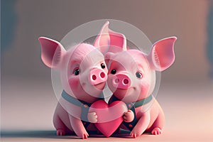 Cute cartoon baby pig piglets Valentines day