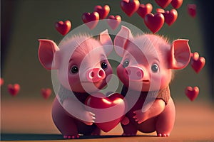 Cute cartoon baby pig piglets Valentines day