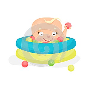 Cute cartoon baby playing in a pool with colorful balls, colorful character vector Illustration