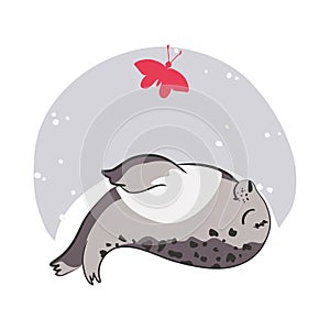 Cute cartoon baby Seal, Harp Seal Pup. Graphic print for t-shirt. Vector illustration