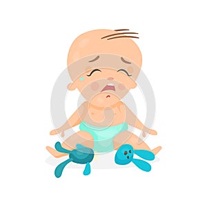 Cute cartoon baby sitting on the floor and crying next to broken bunny toy, colorful character vector Illustration