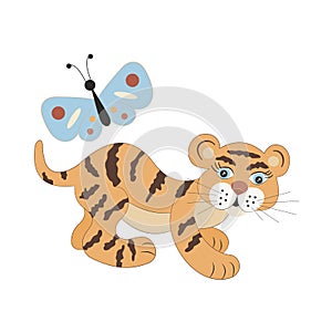 Cute cartoon baby tiger and butterfly