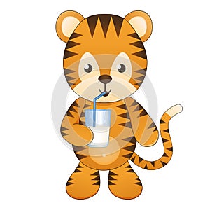 The cute cartoon baby-tiger is drinking milk