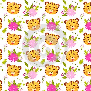 Cute cartoon baby tiger pups seamless pattern.