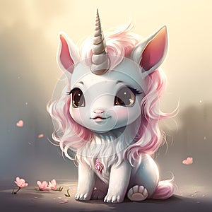 Cute cartoon of a baby unicorn, for illustration in children\'s books. AI generated