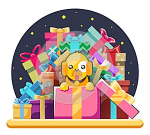 Cute cartoon baby yellow dog cub gift box pile of gifts 2018 year flat design head icons set character vector