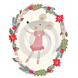 Cute cartoon ballerina rat. New year 2020. illustration.