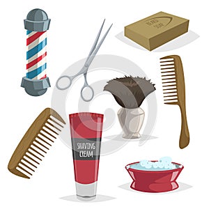 Cute cartoon barber accessories set. Barbershop striped pole, scissors, soap, wooden comb, shaving cream and brush. Vector illustr