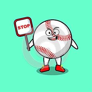 Cute Cartoon baseball ball with stop sign board
