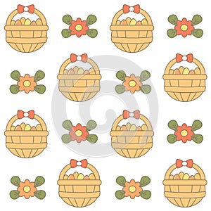 Cute cartoon basket with easter eggs and flowers seamless vector pattern background illustration