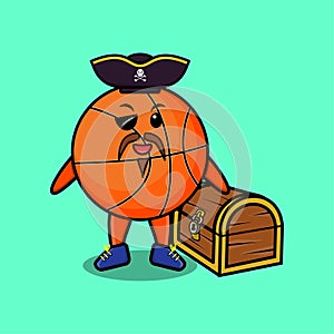 Cute cartoon Basketball pirate with treasure box