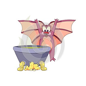 Cute cartoon bat cooking green potion with a caldron on white isolated background, vector happy bat and caldron in Cartoon style,