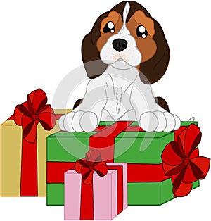 Cute cartoon beagle and a gift