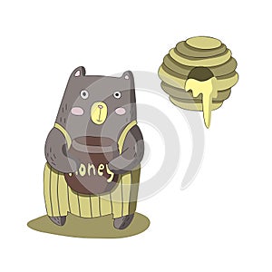 Cute cartoon bear character with barrel of honey and bee nest, vector isolated illustration in simple style.