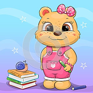 Cute cartoon bear girl in pink overalls holds pencil.