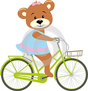 Cute cartoon bear girl rides a bicycle