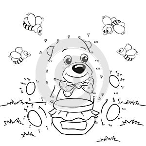 Cute cartoon bear with honey and bees. Dot to dot game