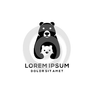 Cute cartoon of bear mom and baby bear in black and white logo icon vector illustration