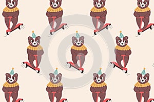 cute cartoon bear on scooter - seamless pattern