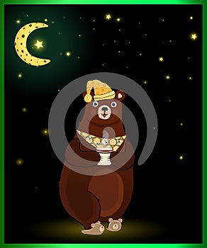 Cute cartoon bear in sleeping hat with cup on moon and stars background