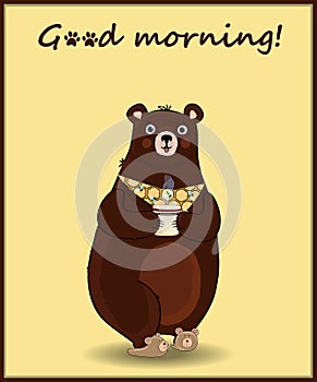 Cute cartoon bear in slippers and necktie holding cup and text good morning