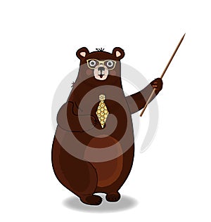 Cute cartoon bear teacher in glasses and tie holding pointer on white background.