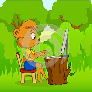 Cute cartoon bear typing on computer in forest