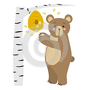 Cute cartoon bear wants to climb into a beehive with honey.