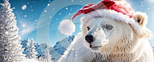 Cute cartoon bear wearing santa hat fun snow character coldness wintertime banner