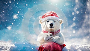Cute cartoon bear wearing santa hat new decoration character poster wintertime banner