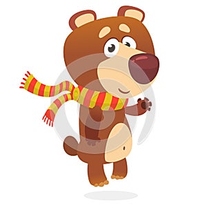 Cute cartoon bear wearing stripped scarf. Vector illustration.