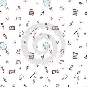 Cute cartoon beauty mix seamless pattern background illustration with cream, make up, mirror and tools