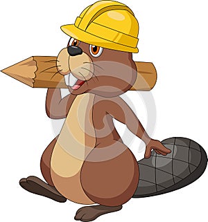 Cute cartoon beaver wearing safety hat and holding a wood log