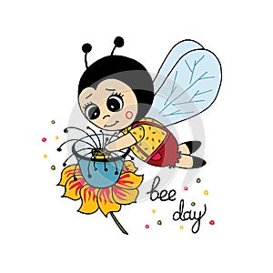 Cute cartoon bee with flower, bee day.