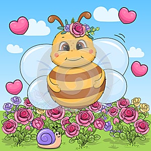 Cute cartoon bee is flying in the rose garden.