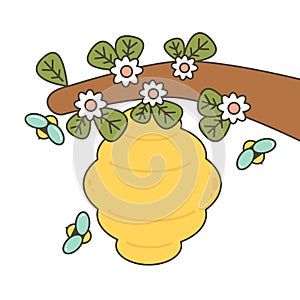 Cute cartoon bees and beehive vector illustration