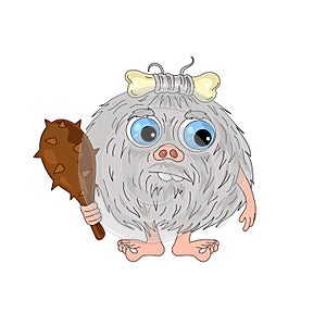 Cute cartoon bigfoot with bone in the hair and Ð° club in hands.
