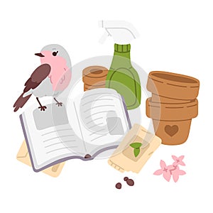 cute cartoon bird on a book with flower pots,seeds